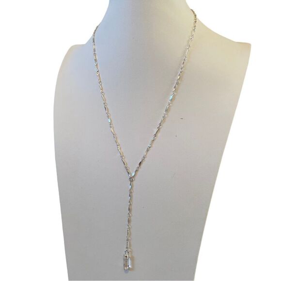 Silver Toned Y Necklace w/Crystal Pendant on Beautiful Delicate Chain. - Picture 3 of 5